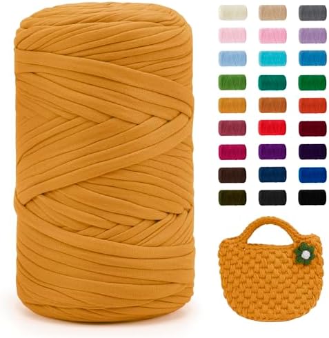 JeogYong T-Shirt Yarn, 400g/131 Yards Elastic Fabric Crochet Cloth T Shirt Yarn, Thick Hand Knitting Polyester Fabric Ribbon for Crocheting Bags/Baskets/Rugs, Home Decor, DIY Crafts (Yellow)