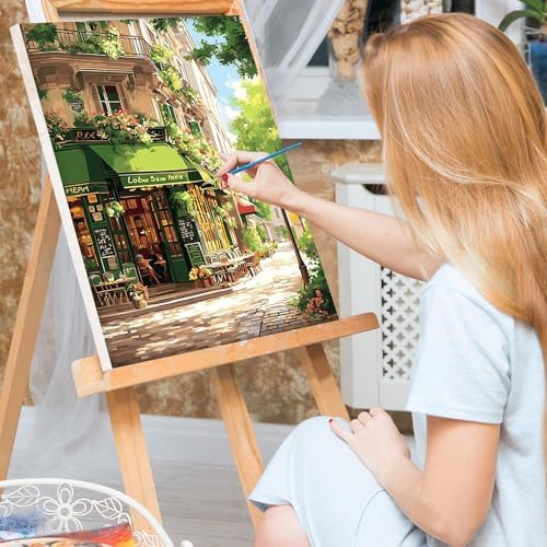 Bowetile Framed Street Cafe Paint by Numbers Kit for Adults, Adults' Paint-by-Number Kits on Canvas, Painting by Numbers Spring, DIY Acrylic Number Painting for Home Wall Decor, 8x12in