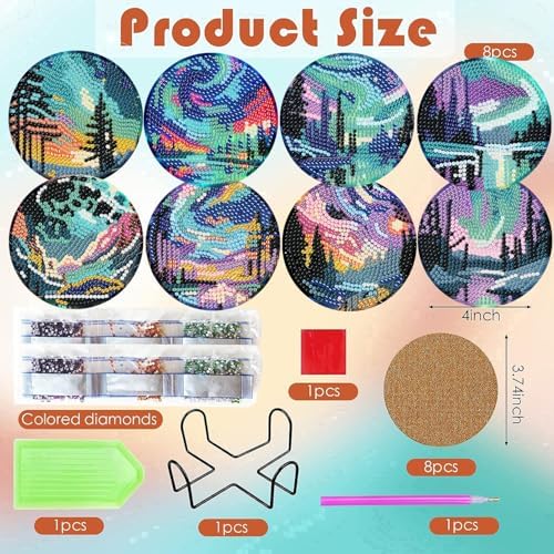 ijbnhd 8 Pcs Aurora Diamond Art Coasters Kits Landscape 4x4 inch