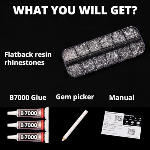 6500Pcs Transparent Rhinestones for Bedazzling, Bedazzler Kit with Flatback Craft Rhinestones Clear Bulk and B7000 Glue, 2,3,4,5,6mm Resin Flat Back Crystals for Craftings, Clothes, Shoes, Nails