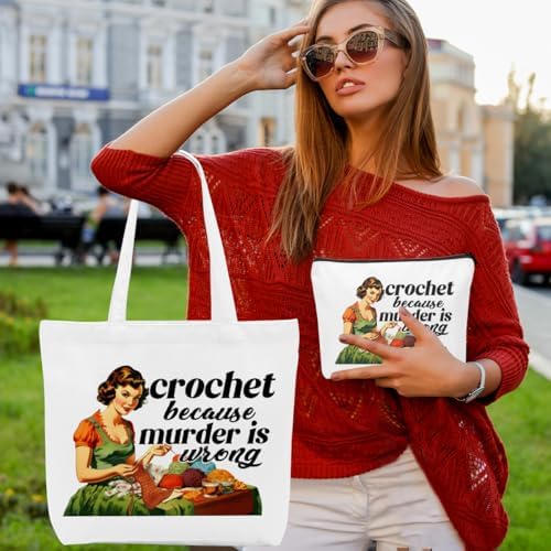 Crochet Knitting Supplies Canvas Tote Bag Makeup Bag Set, Crochet Accessories Gifts for Women Grocery Cosmetic Bags