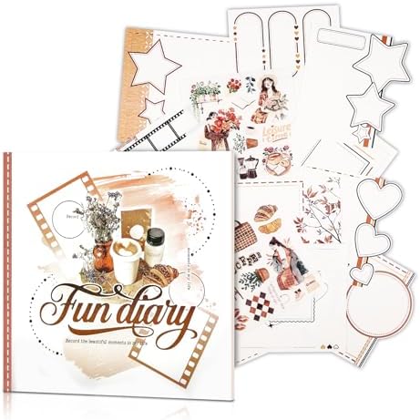 Dizdkizd Creative Art Journal Notebook with 28 Junk Journal Templates Pages and 8 Die-Cut Stickers for Japanese Stationery, Scrapbook, Mixed Media, 5.0in × 5.0in, Coffee