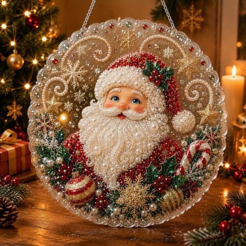 Christmas Pearl Diamond Painting Suncatcher Kit, Pearl Diamond Art Kits for Adults | 3D Mixed-Sized Christmas Bead Art Craft with Acrylic Round Board for Home Decor and Holiday Gifts (Style A)