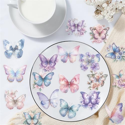 50 Butterfly Stickers, PET Waterproof Transparent Colorful Resin Decals Self-Adhesive Scrapbooking Stickers Supplies Journal Stuffers for Adult Card Making Letters DIY (Butterfly)