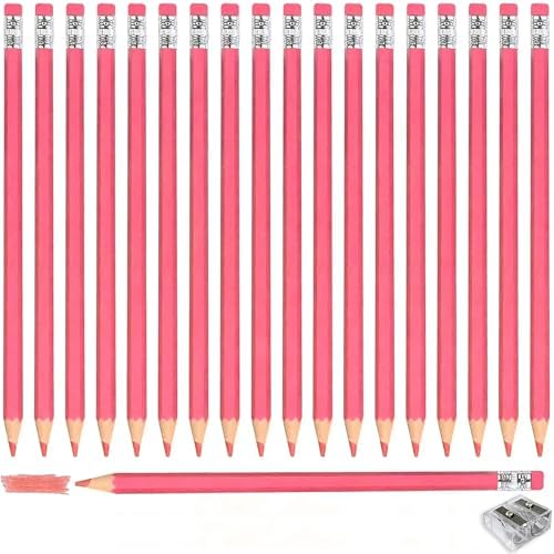 Adhere 25pcs Checking Pencils Erasable colored Pencils Pre-Sharpened #2 HB,for Checking Tests Grading,Map Coloring, editing Office Favors,including a Free sharpener. (Pink Red)
