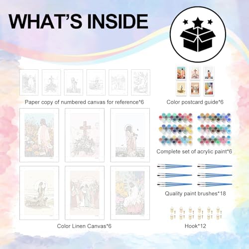 Yezavesu 6 Pack Jesus Paint by Numbers Kit for Adults Beginner 8x12 Inch | Christ Religious DIY Acrylic Painting by Numbers, Without Frame Canvas, Stress Relief Craft Kits, For Home Wall Decor Gift