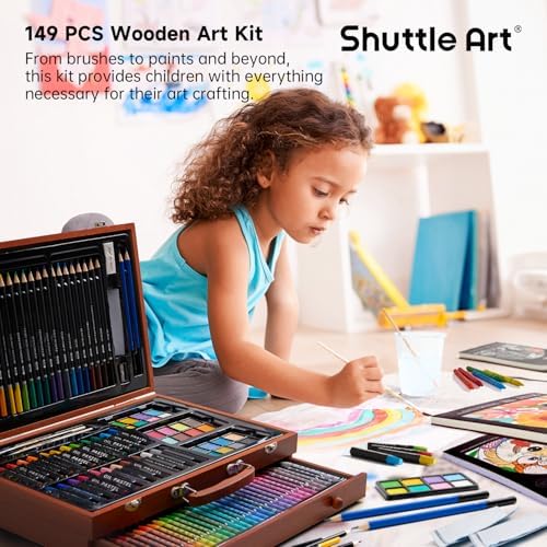 Shuttle Art 149 Piece Deluxe Art Set, Art Supplies in Wooden Case, Painting Drawing Art Kit with Crayons Colored Pencils Oil Pastels Watercolor Cakes Coloring Book Sketch Pad for Kids Adults