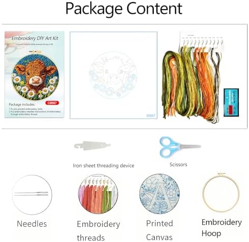 Zhenqing Cow Embroidery Kit for Beginners, Cute Farm Animal Needlework Craft with Pre-Printed Cotton Fabric, Hoop, Threads & Tools, Farmhouse Decor (C0067)