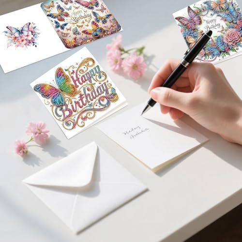 6 Pack Diamond Art Greeting Cards with Envelopes, DIY 5D Diamond Painting Birthday Card Kit with Butterflies and Flowers, 30x15cm Handmade Special Shaped Rhinestone Craft for Holiday and Birthday