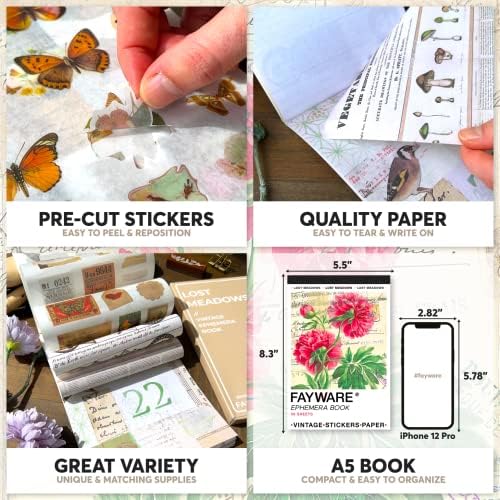 FAYWARE Vintage Washi Stickers for Journaling - Ephemera Book for Journaling with 414 Stickers & 20 Scrapbook Papers. Junk Journal Supplies, Scrapbooking Supplies | FAYWARE Ephemera for Junk Journals, 410+ Vintage Journaling Stickers, 20 Scrapbook Papers
