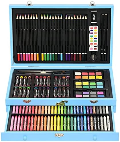 Sunnyglade 145 Piece Deluxe Art Set Wooden Art Box & Drawing Kit Blue