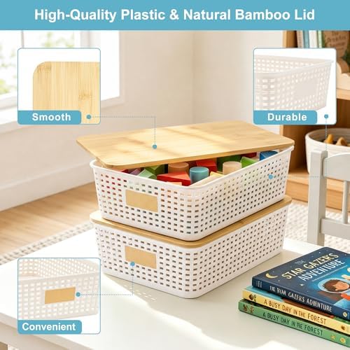 Bagnizer 4 Pack Plastic Storage Bins with Bamboo Lids, 6.2qt Stackable Storage Organizer Box with Lable for Pantry Shelves Drawers Desktop Office, 12"L x 8.3"W x 3.5"H, Cream White