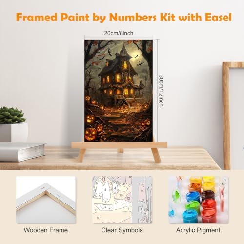 MOGTAA Halloween Paint by Numbers Kit for Adults Beginners with Frame, Pumpkin Castle Adult Paint by Number Kits on Canvas with Easel, Easy DIY Landscape Oil Painting Kits for Home Decor, 8x12in