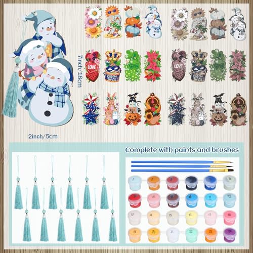 Kosiz 12 Pcs Festival Paint by Number Kit for Adult Wood Bookmark | Mini Paint by Numbers Kit, Painting Decor, Tiny Tassels Blank Bookmarks, for Small DIY Craft Book Lovers Gift 7x2 ''