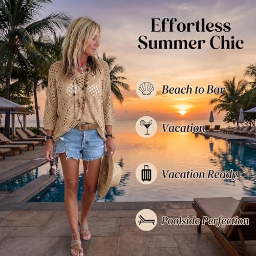 Bohemian Crochet Tops for Women 3/4 Sleeve V-Neck Open Knit Pullover Beach Cover Ups Hollow Out Boho Vacation Blouse