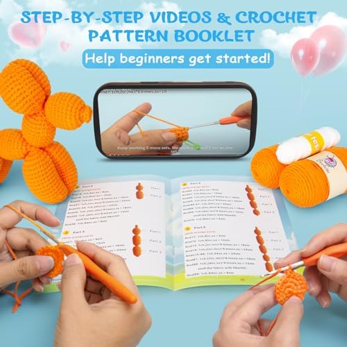 Crochetta Crochet Kit for Beginners, Crochet Kit w Step-by-Step Video Tutorials, Crochet Starter Kit Learn to Crochet Kits for Adults Kids Beginners, Vibrant Orange Balloon Dog (40%+ Yarn Content)