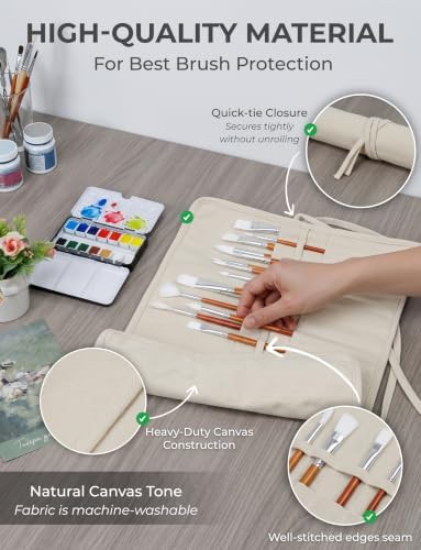 30-Slot Roll-Up Canvas Brush Holder, Washable Paint Brush Case, Beige