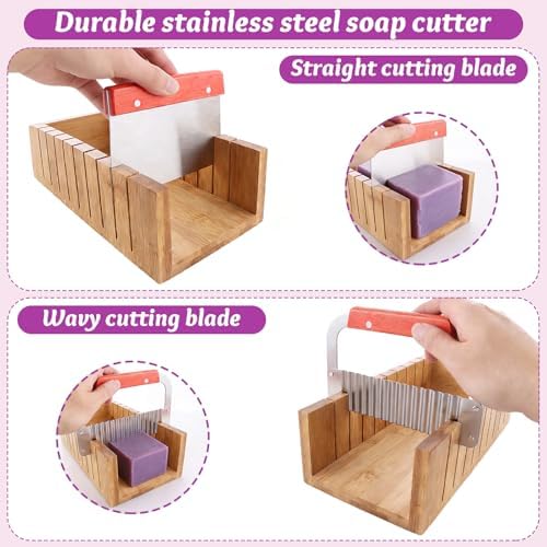 5 PCS DIY Soap Making Kit, Silicone Soap Molds Soap Making Supplies for Adults, Bamboo Cutting Box and 2 PCS 44oz Purple Pink Silicone Mold, Stainless Steel Straight Cutter and Wavy Cutter
