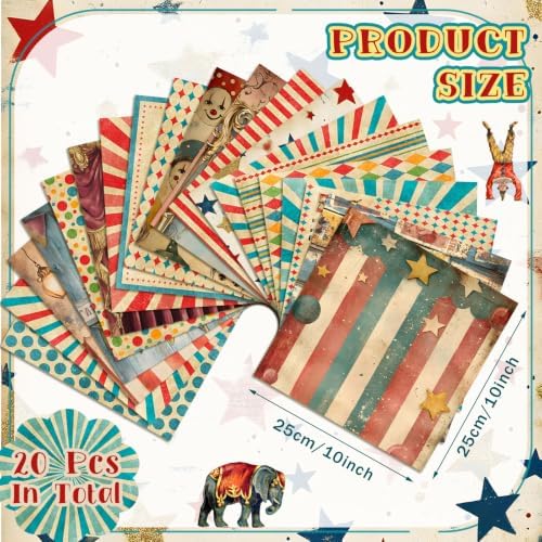 HunnmingRe 20 Pcs 10''x10'' Vintage Carnival Quilting Fabric Square Precuts Quilted Fabric Bundle Circus Clowns Printed Sewing Material for Halloween Xmas Patchwork Scrapbook Junk Journal DIY Craft