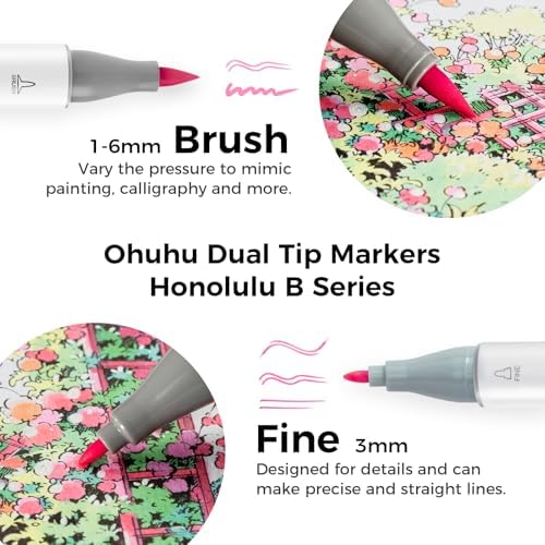 Ohuhu Alcohol Markers 48 Pastel Colors Brush& Fine Sweetness for Coloring