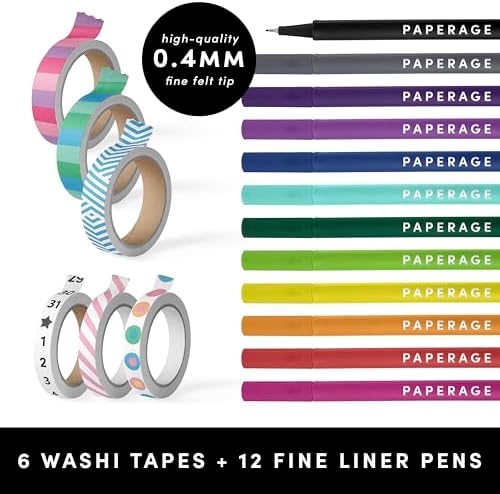PAPERAGE Bullet Journal Kit, Dotted Journaling Set & Stationary Kit, Hardcover Dotted Journal Notebook (Lavender), 12 fineliner Pens, 8 Sticker & 3 Stencil Sheets, 6 Washi Tapes