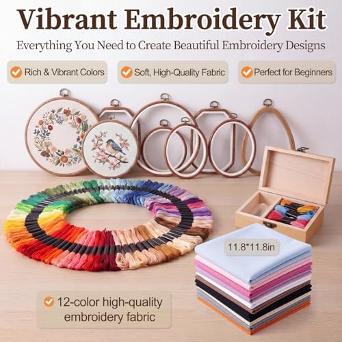 Hotop 171 Pcs Embroidery Kit for Beginners Adults, Starter Kit with 9 Wood Grain Embroidery Hoops in 4 Shapes, 100 Color Threads, 12 Color Fabric, Wood Storage Box, Needles, Scissors and Tools