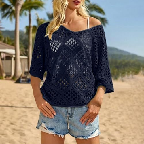 Bohemian Crochet Tops for Women 3/4 Sleeve V-Neck Open Knit Pullover Beach Cover Ups Hollow Out Boho Vacation Blouse