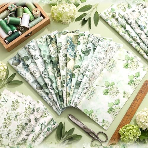 HunnmingRe 20 Pcs 10''x10'' Sage Green Hydrangea Quilting Fabric Square Greenery Flower Precuts Quilted Fabric Bundle Bow Leaves Printed Sewing Material for Patchwork Strips Spring DIY Sewing Crafts