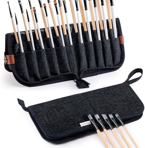 Paint Brush Holder Case for Artists with 22 Slots, Brush Organizer with Pop-Up Stand, Travel Paintbrush Storage Bag for Acrylic Oil Watercolor, Zippered Art Brush Cover (Brushes Not Included)