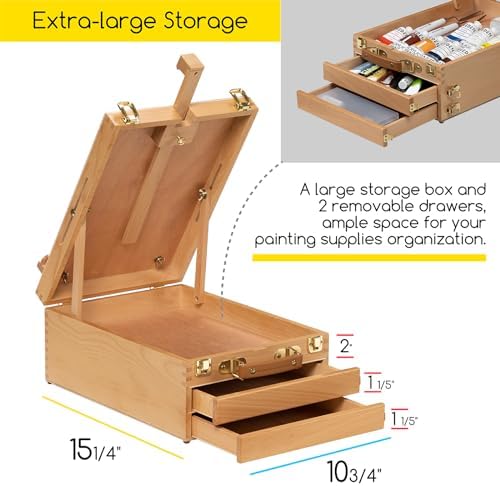 MEEDEN Large Tabletop Easel Sketchbox, Adjustable Solid Beech Wood Desktop Easel Box, Travel Easel for Artists, Table Top easels for Painting, Wooden Art Storage Box for Artist, Adults & Beginners