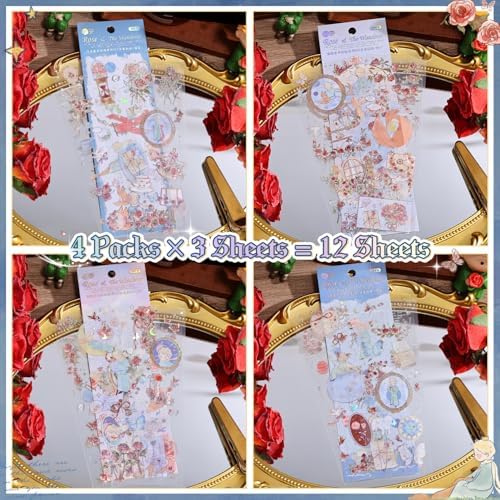12 PCS Flowers Rose Themed Sticker, Decals for Scrapbook Supplies Bullet Junk Journal Bottles Planner Laptops DIY Scrapbooks Journals Phone Case Decoration Gifts Rewards