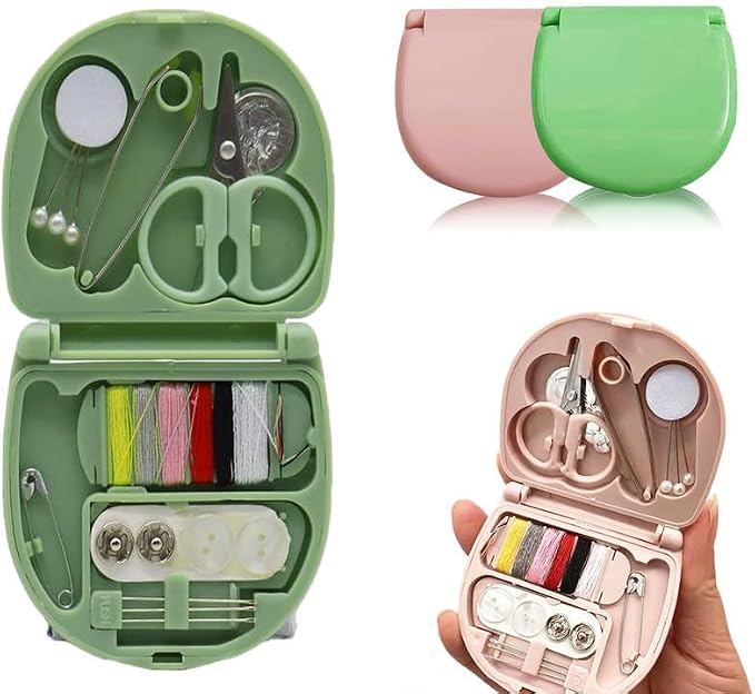 REROON 2 Pack Mini Travel Sewing Kit for Adult & Kid | Portable Sewing Box Kit Bulk | Small Emergency Repair Set with Thread Scissors Needle for Travel, Beginner DIY Handcraft | Pink + Green