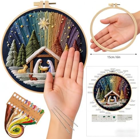 BoAn DIY Embroidery Kit for Adults, Nativity Cross Stitch Craft with Hoop