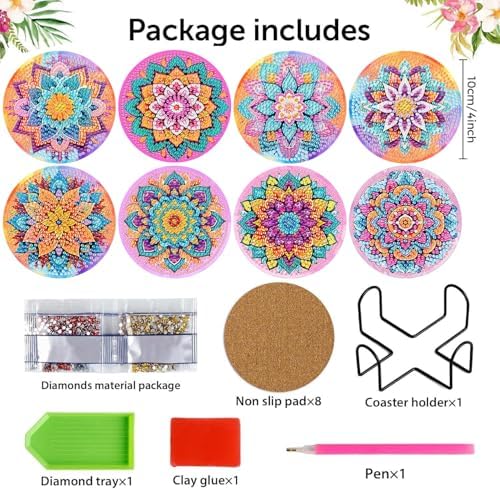 8 Pcs Diamond Art Coasters Kit for Adult with Holder, Diamond Coaster 4x4in