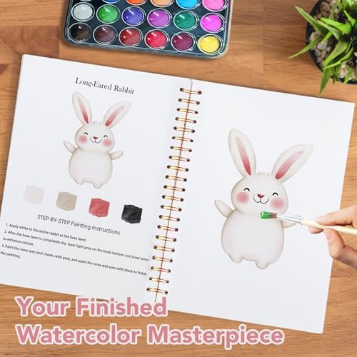 Easy Watercolor Workbook for Beginners - 12 Beautiful Step-by-Step Paintings Water Coloring Book, Includes 18 Water Colors, Relaxing Art Projects and Creative Gift for Adults & Teen (Animals)