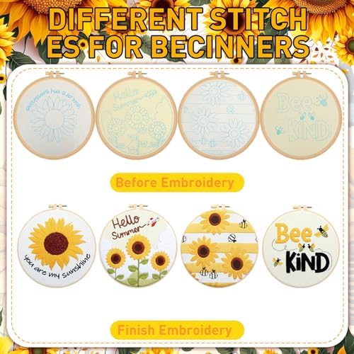 Riceshoot 8 Set Sunflower Embroidery Kits for Beginner Adults Bee Cross Stitch Kit DIY Needlepoint with Pattern Instruction, Hoop, Embroidery Fabric, Thread, Needle, Scissor, Gift for Home Decor