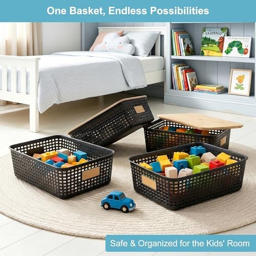 Bagnizer 4 Pack Plastic Storage Bins with Bamboo Lids, 6.2qt Stackable Storage Organizer Box with Lable for Pantry Shelves Drawers Desktop Office, 12"L x 8.3"W x 3.5"H, Black
