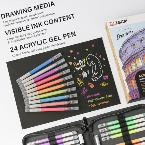 ZSCM 24 Colors 3D Acrylic Gel Pens & Black Paper Sketchbook for Drawing