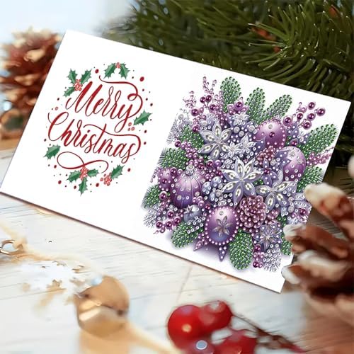 6Pcs Christmas Greeting Card DIY Diamond Art Painting Greeting Cards Blessing Folding Card Kit with White Envelopes Diamond Arts Crafts for Birthday Festival Gift-Purple