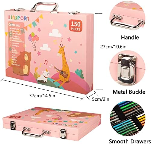 KINSPORY 150PC Art Set with Sketch Book, Coloring Art Kit Drawing Art Supplies Case, Markers Crayon Colour Pencils for Budding Artists Kids Teens Boys (Pink)