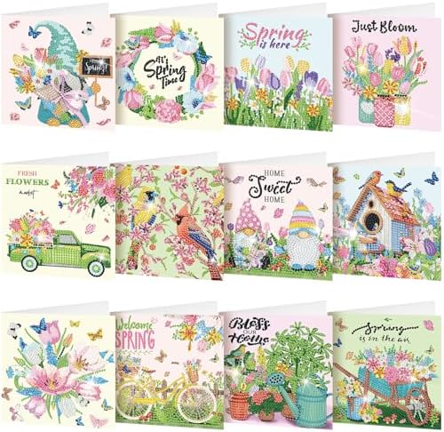 Saillong 12 Pack Spring Diamond Painting Greeting Card Kits Easter Diamond Art Cards with Envelopes Gnome Tulips Flowers 5d Rhinestones Painting Kits for Adults DIY Crafts Family Friend Spring Gifts