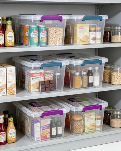 NUMIFUN Plastic Storage Bins with Lids 6 Pack, 7 Quart Storage Containers with Black Buckle Latch, Stackable Storage Containers for Home Pantry Office Classroom Organization, White