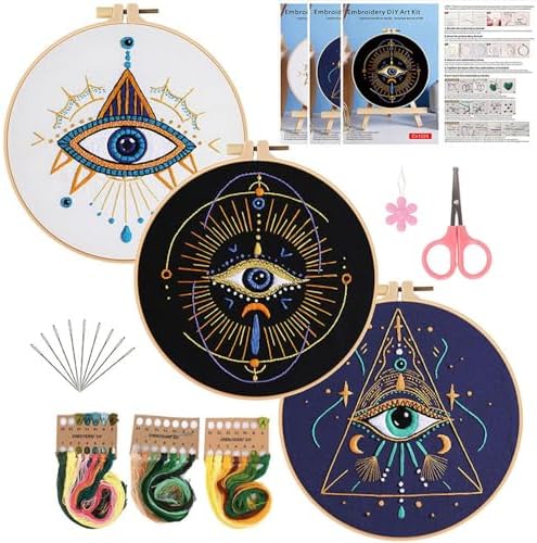 Konrisa 3 Pcs Embroidery Kits with Tarot Cards and Eyes Pattern, Stamped Embroidery Starter Kit for Beginners Adults Needlepoint Kits DIY Sewing Cross Stitch Practice Kit Home Decoration