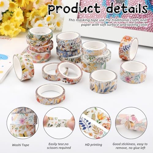 18 Rolls Gold Floral Washi Tape Set,15mm&7.5mmGold Foil Colored Floral Pattern Decorative Tape,Decorative Masking Tapes for DIY Scrapbook Design Journaling Handbook Making Card Wrap Craft Gift