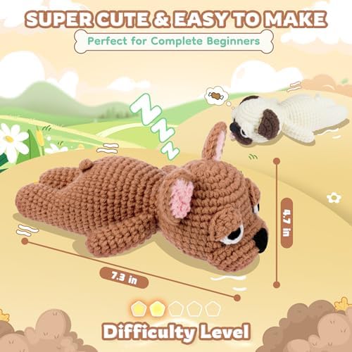 Crochet Kit for Beginners- Teacher Appreciation Gifts, 2 PCS Pug and French Bulldog Crochet Kits for Adults, Sleeping Dog Crochet Kit with Step-by-Step Video Tutorials Instructions DIY Knitting Kit