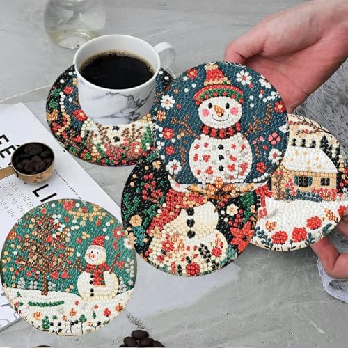 ijbnhd 8 PCS Diamond Art Coasters, Christmas Snowman Cork Wooden Pad