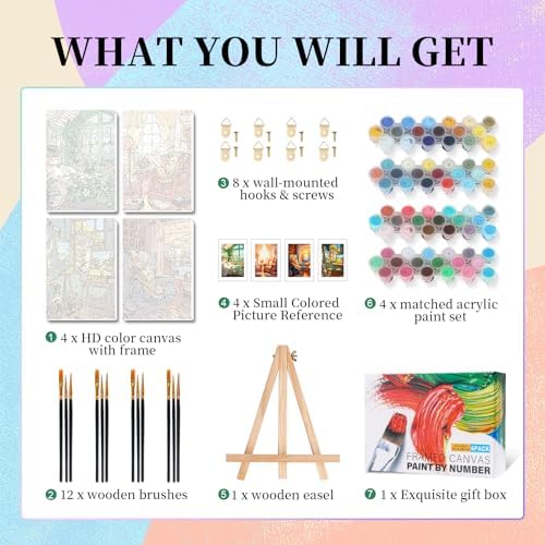 Camocin 4 Pack Framed Paint by Numbers Kit for Adults with Wooden Easel | Cozy Room Artwork, Cottage Reading Nook Decor, DIY Canvas Painting Set, Bedroom Wall Decor, Beginner Friendly, 8x12 Inch