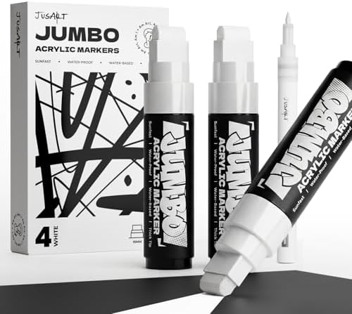 JusArt 4 Pcs White Jumbo Poster Marker Set, 15mm and 0.7mm Tip