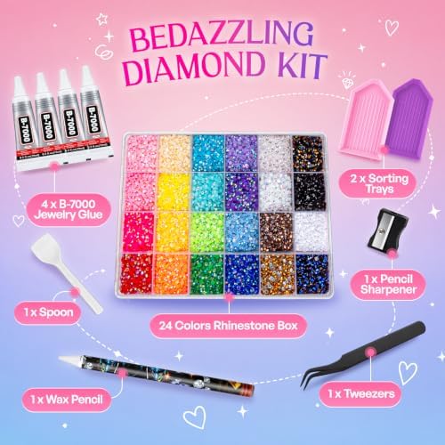36000Pcs Bedazzling Kit with Rhinestones, 24 Colors 3mm Resin Jelly Flatback Gems, All-in-One Bedazzler Kit with 4Pcs B7000 Glue & Tools, DIY Diamond Art Craft Kit for Clothes Shoes Phone Cases Gifts
