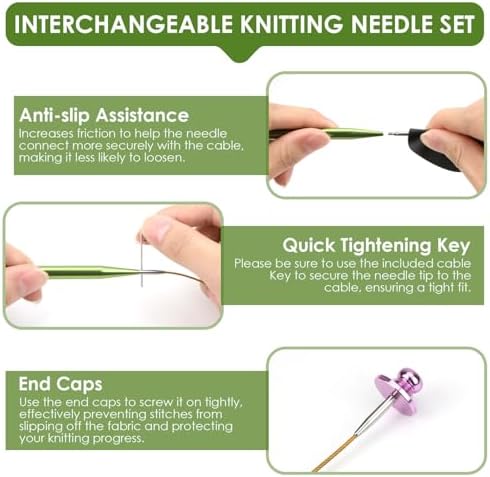 Interchangeable Circular Knitting Needles Set Premium Aluminum Knitting Kit 13 Pairs of 4 Inch with 4 Cables, Accessories and Storage Bag Green
